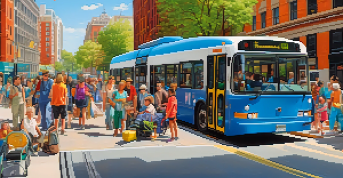 A colorful city street featuring a modern bus with a ramp for wheelchairs, surrounded by diverse groups of people, including families and elderly individuals, under a bright blue sky.