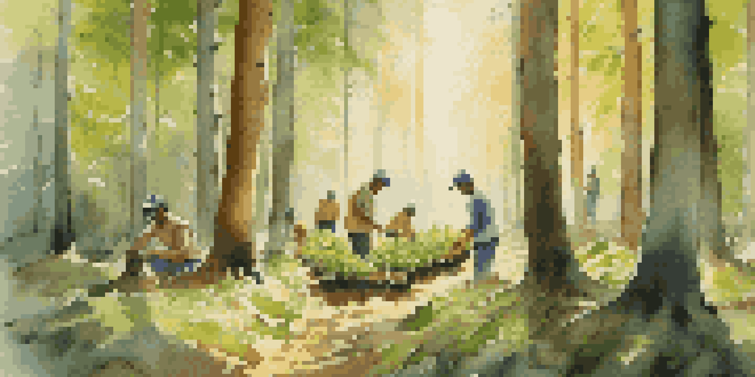 A serene forest with sunlight shining through the trees, people planting young saplings in the foreground.