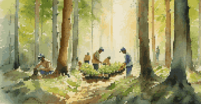 A serene forest with sunlight shining through the trees, people planting young saplings in the foreground.