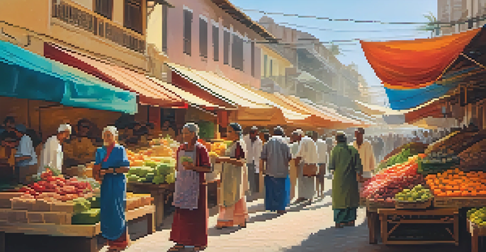 A diverse group of travelers joyfully exploring a colorful market, interacting with local vendors and surrounded by fresh produce.