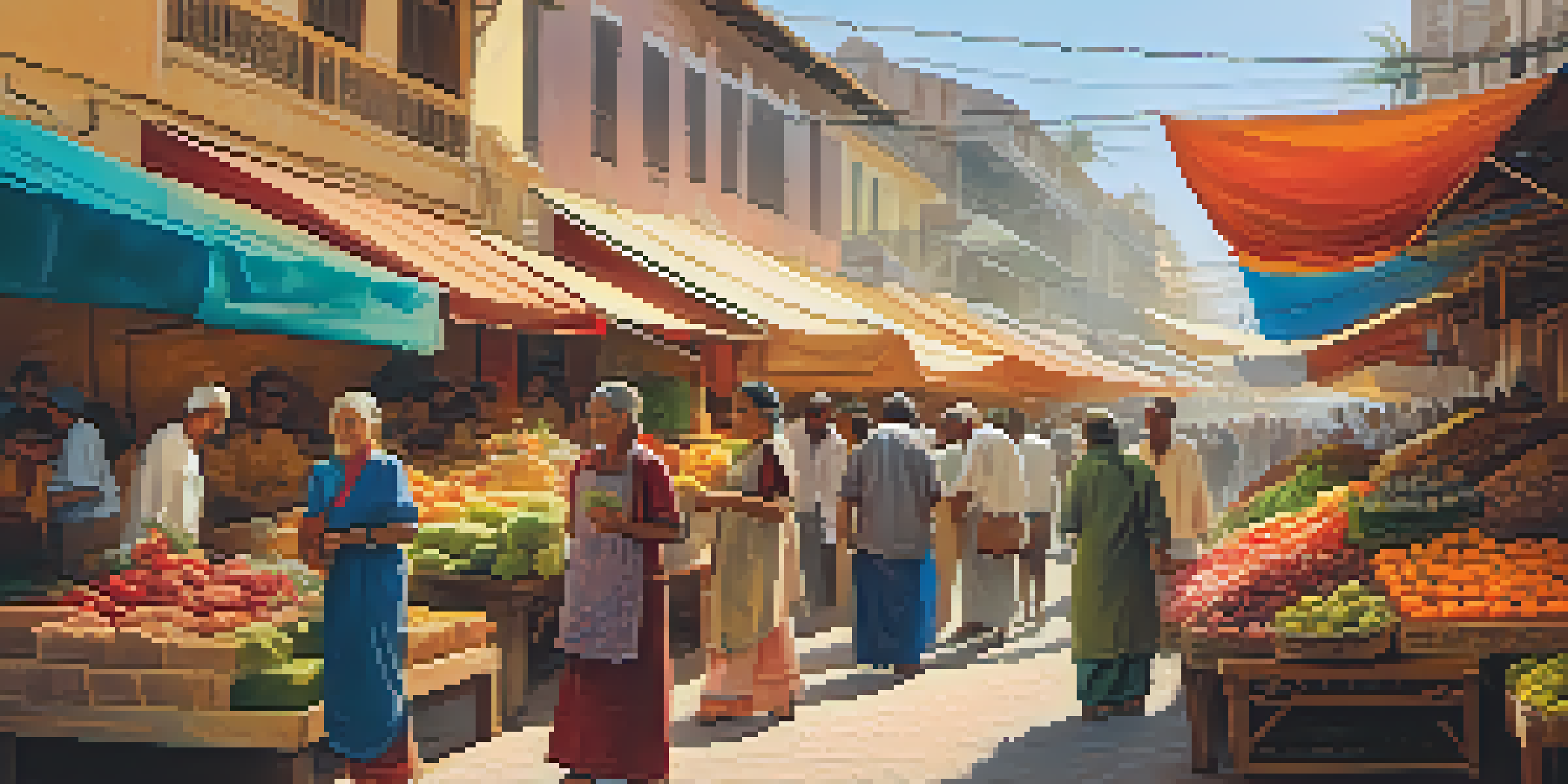 A diverse group of travelers joyfully exploring a colorful market, interacting with local vendors and surrounded by fresh produce.