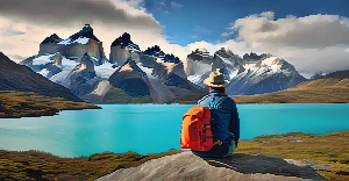 A hiker in Torres del Paine National Park overlooking rugged mountains and a serene lake under a bright blue sky.