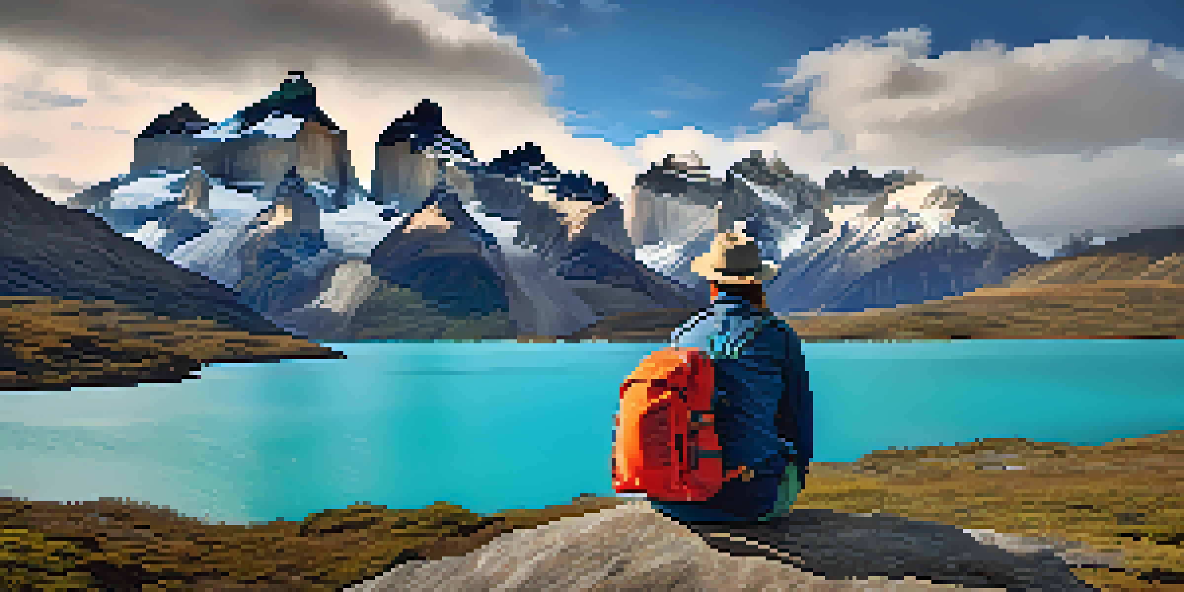 A hiker in Torres del Paine National Park overlooking rugged mountains and a serene lake under a bright blue sky.