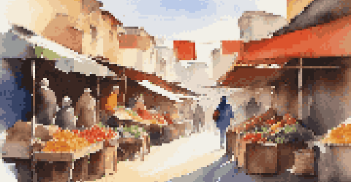 A traveler in a bustling market with a small backpack and a scarf, surrounded by colorful stalls and bright sunlight.
