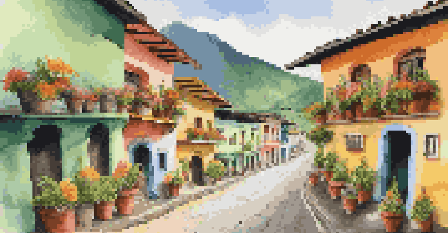 The charming town of Salento in Colombia, with colorful buildings and a bustling cobblestone street set against green mountains.