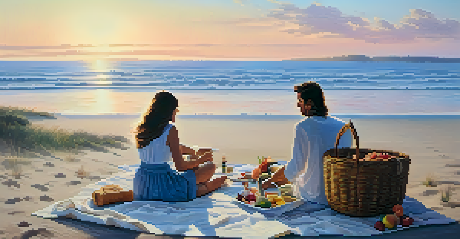 A couple enjoying a picnic on the beach at sunrise, with a basket of food and drinks.