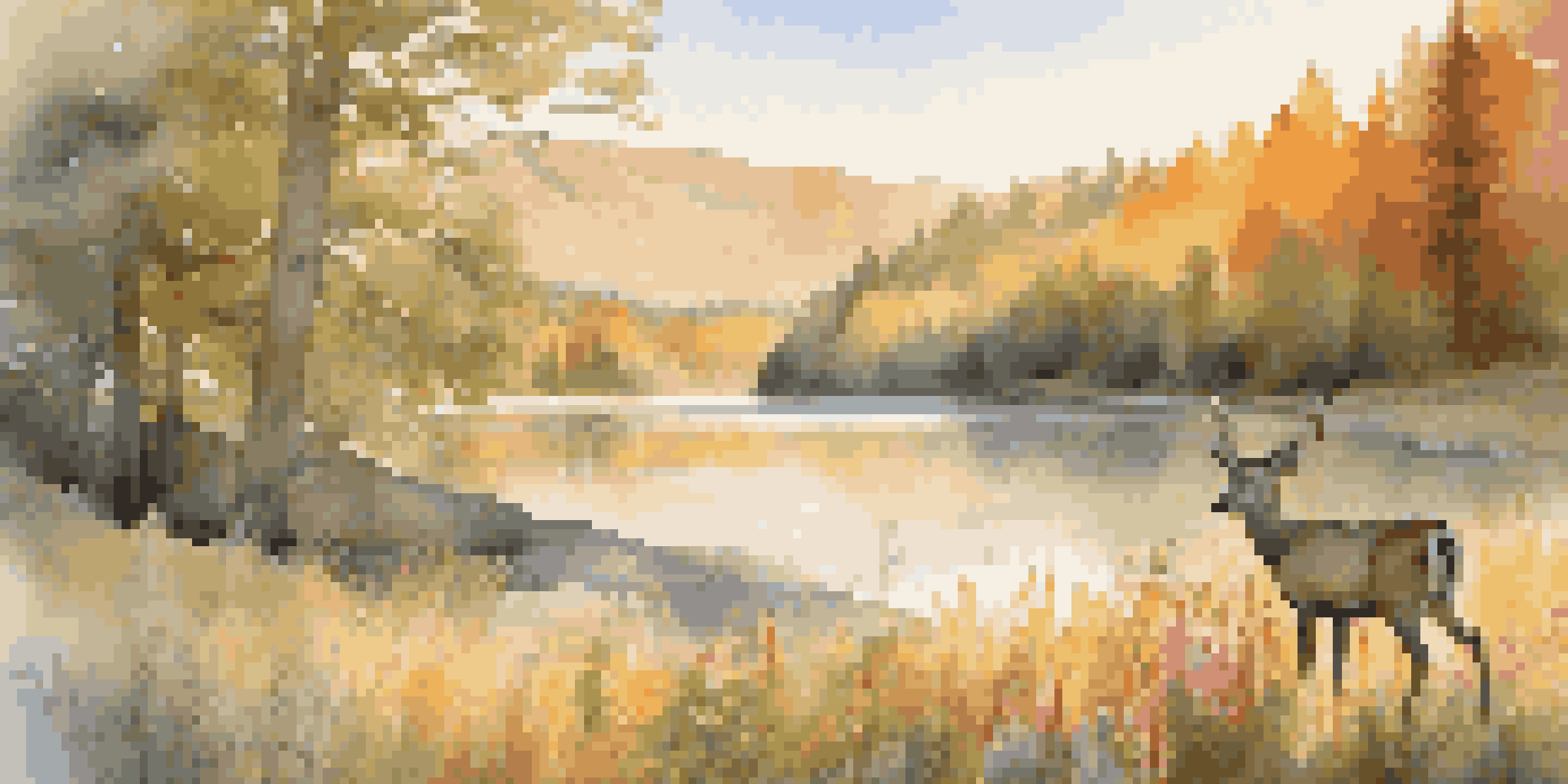 A photographer capturing a deer in a national park during golden hour, surrounded by wildflowers and a tranquil lake.
