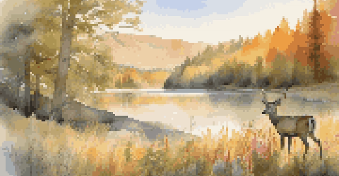 A photographer capturing a deer in a national park during golden hour, surrounded by wildflowers and a tranquil lake.