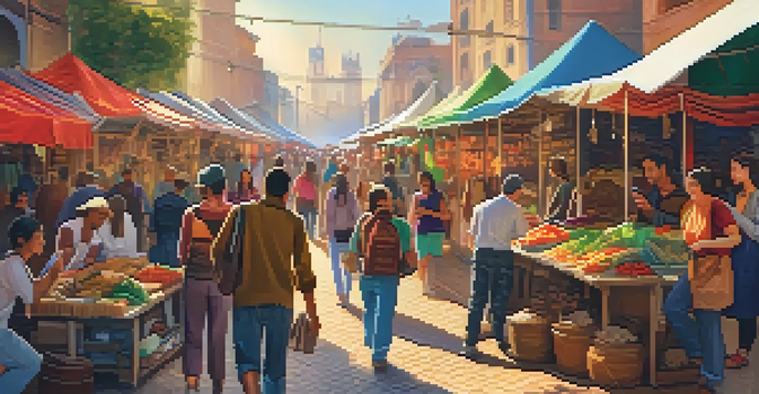 A lively street market with travelers using smartphones, surrounded by colorful stalls and warm sunlight.