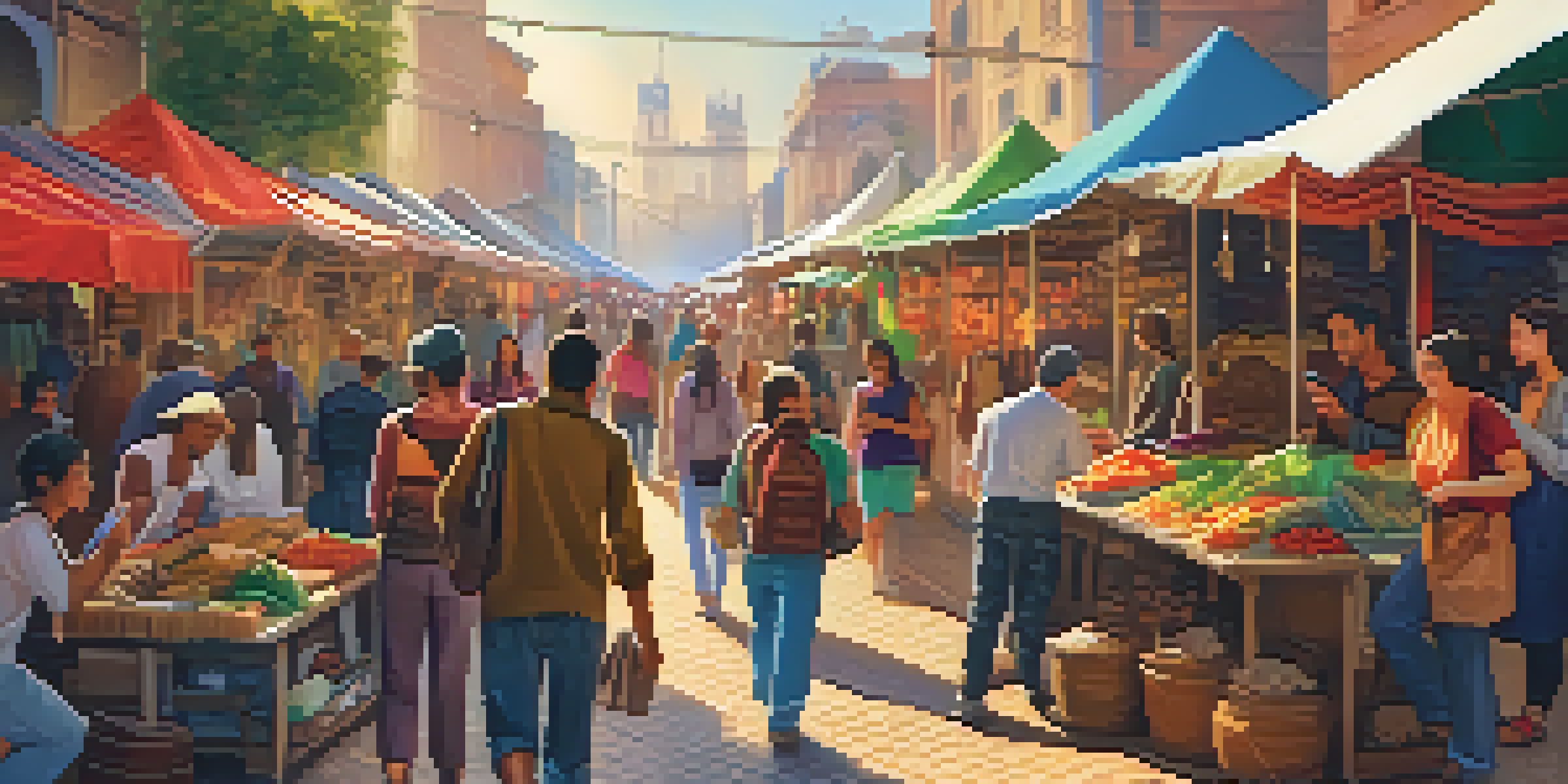 A lively street market with travelers using smartphones, surrounded by colorful stalls and warm sunlight.