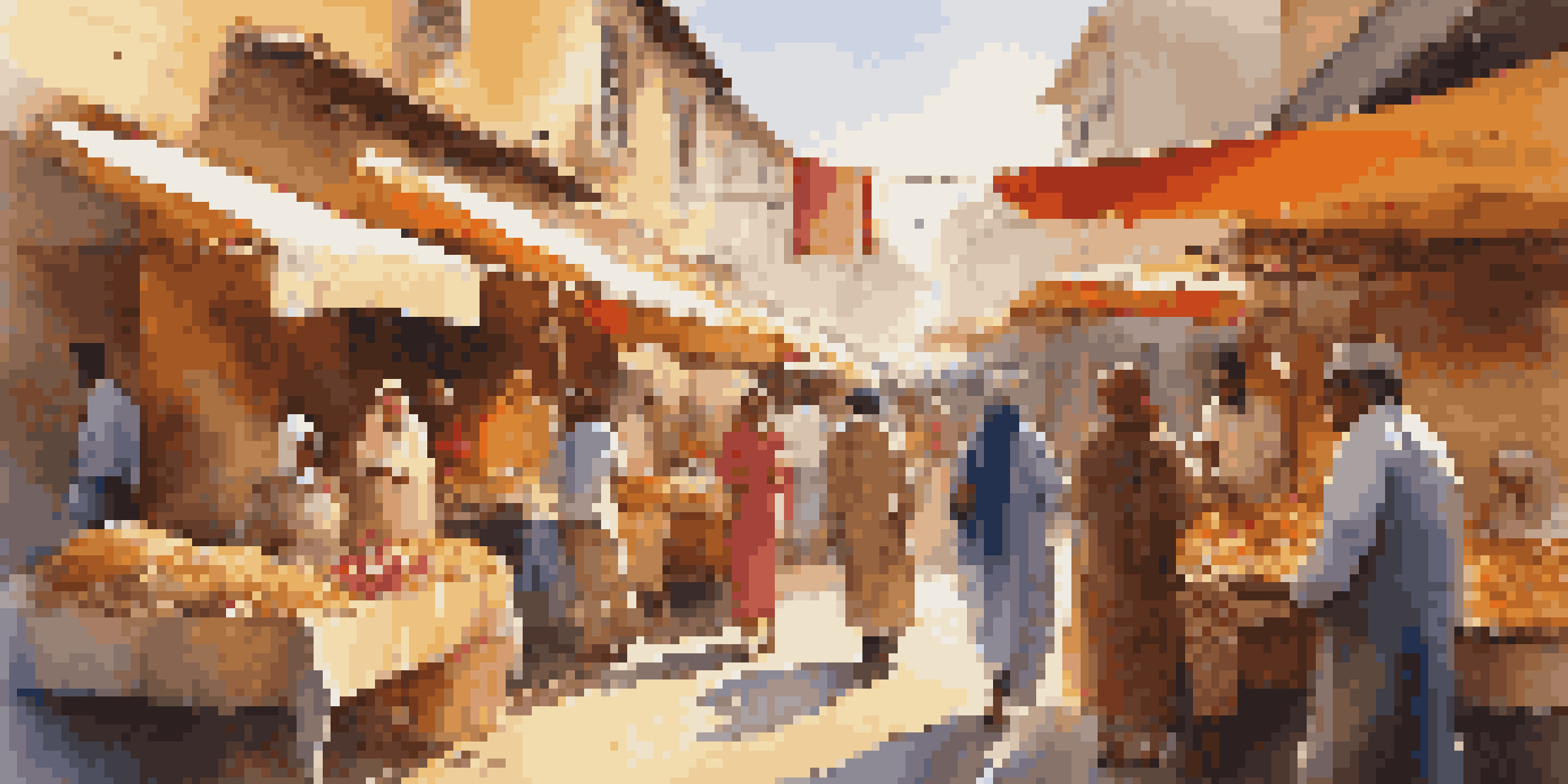 A lively marketplace filled with diverse individuals interacting, showcasing colorful stalls and warm sunlight.