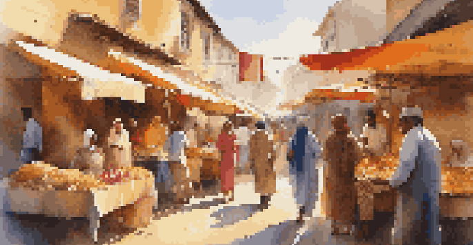 A lively marketplace filled with diverse individuals interacting, showcasing colorful stalls and warm sunlight.