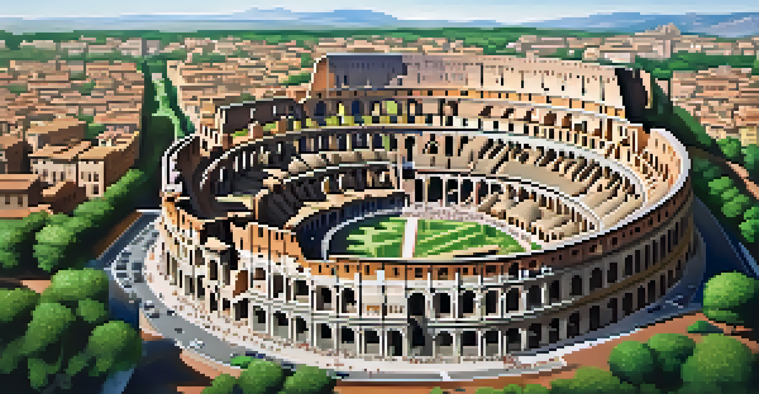 Aerial view of the Colosseum in Rome, surrounded by modern city life and greenery.
