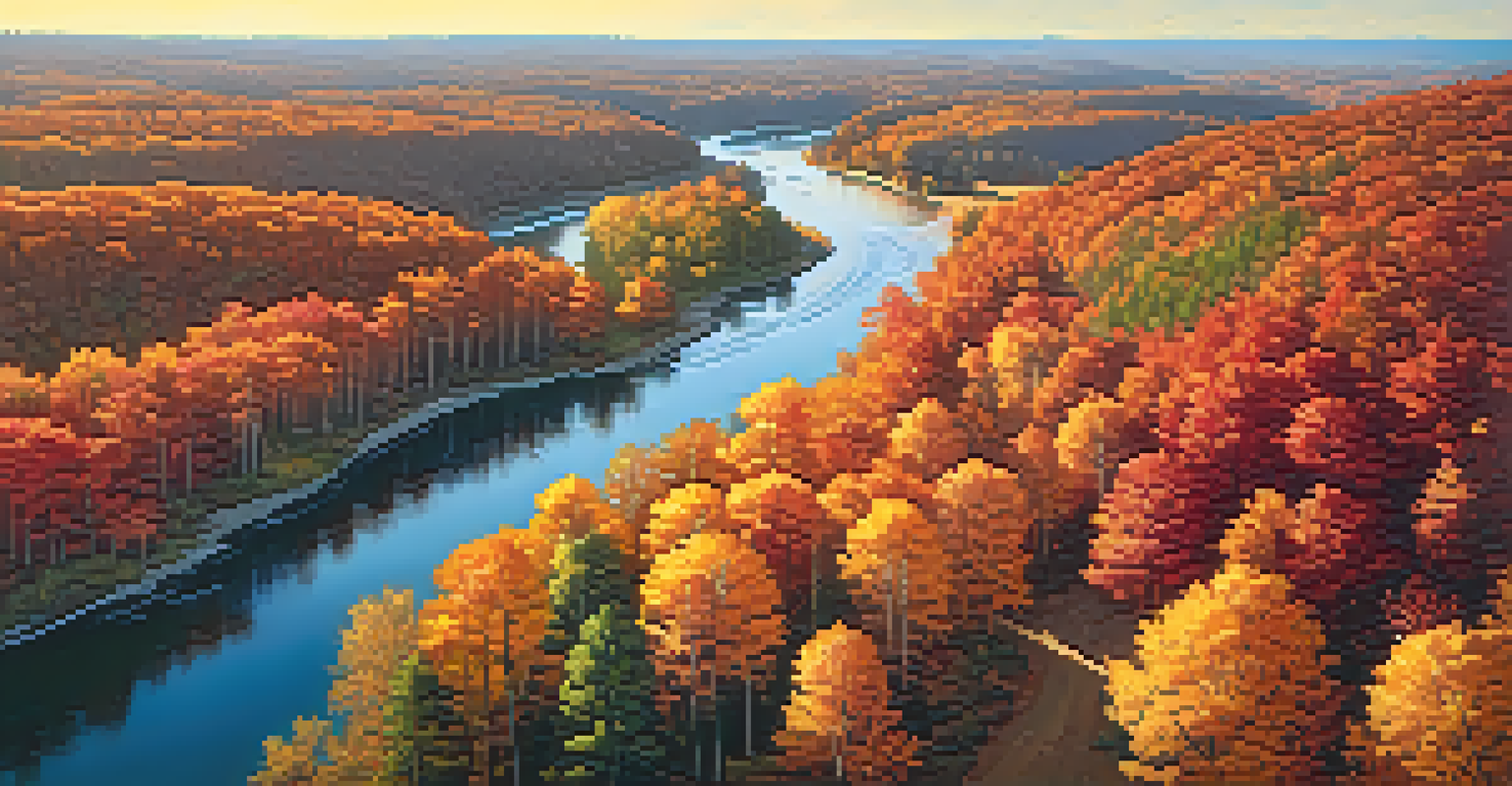 An aerial view of a colorful autumn forest with a river running through it.