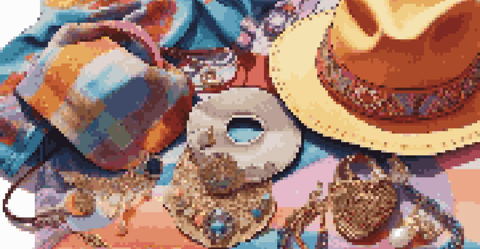 A close-up of festival accessories including earrings, necklaces, and a bucket hat on a colorful blanket with sunlight dappling the scene.