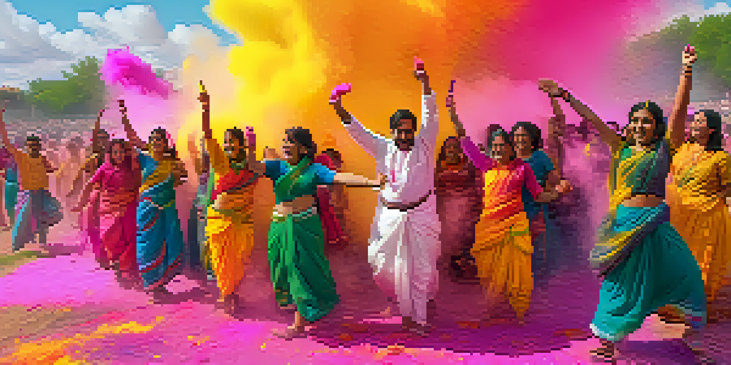 A lively celebration of Holi with participants throwing colored powders in a bright outdoor setting.