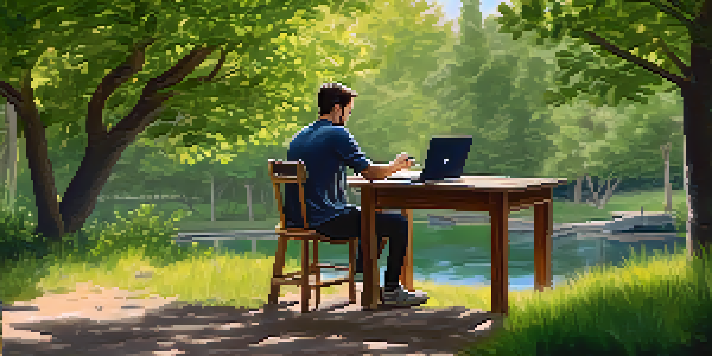 A person working on a laptop at an outdoor table in a green park.