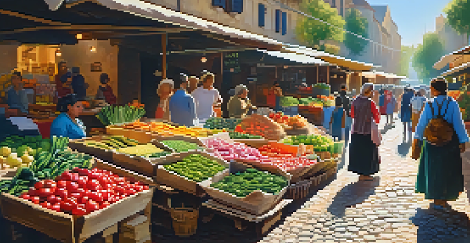 A lively local market with colorful stalls, a smiling vendor, and shoppers browsing around, all illuminated by warm sunlight.