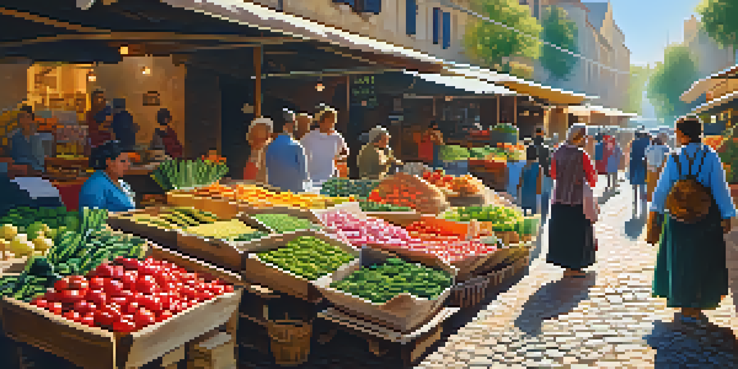 A lively local market with colorful stalls, a smiling vendor, and shoppers browsing around, all illuminated by warm sunlight.