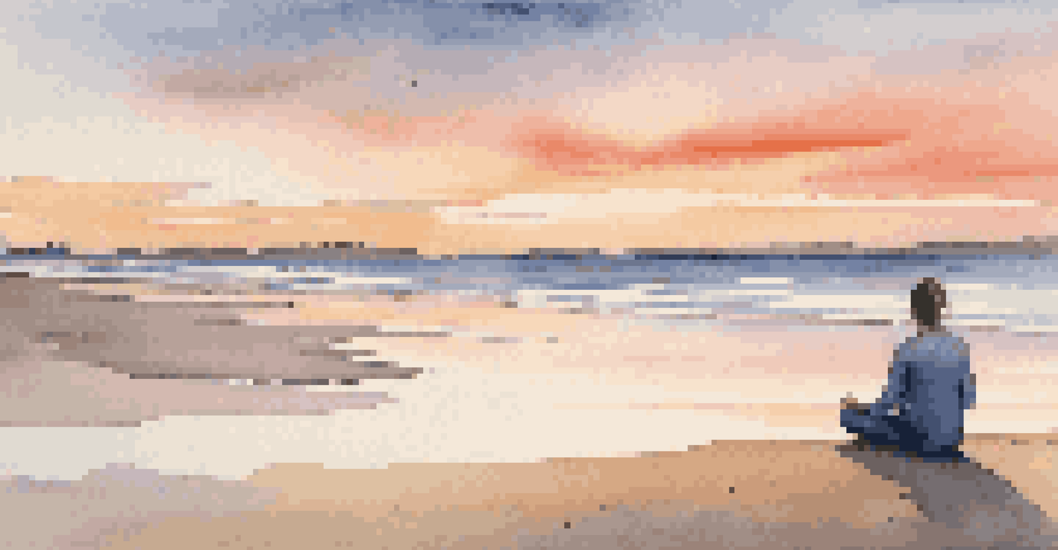 A person practicing deep breathing on a beach at sunset, with a colorful sky and gentle waves.