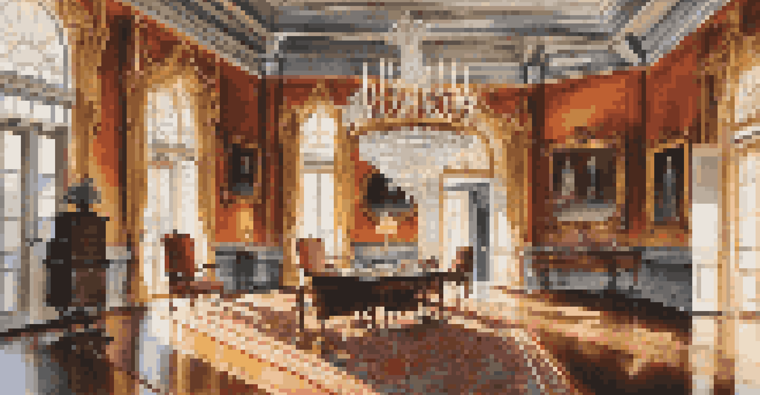 The elegant interior of the Governor's Palace in Colonial Williamsburg, showcasing ornate furniture, woodwork, and a chandelier illuminated by sunlight.