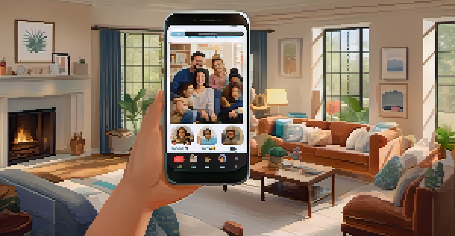 A smartphone showing a lively family group chat with messages and photos in a cozy living room.