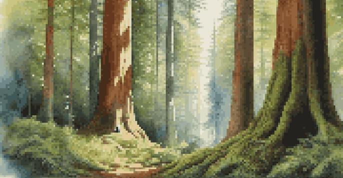 A person practicing yoga in a peaceful redwood forest, surrounded by tall trees and soft moss on the ground.