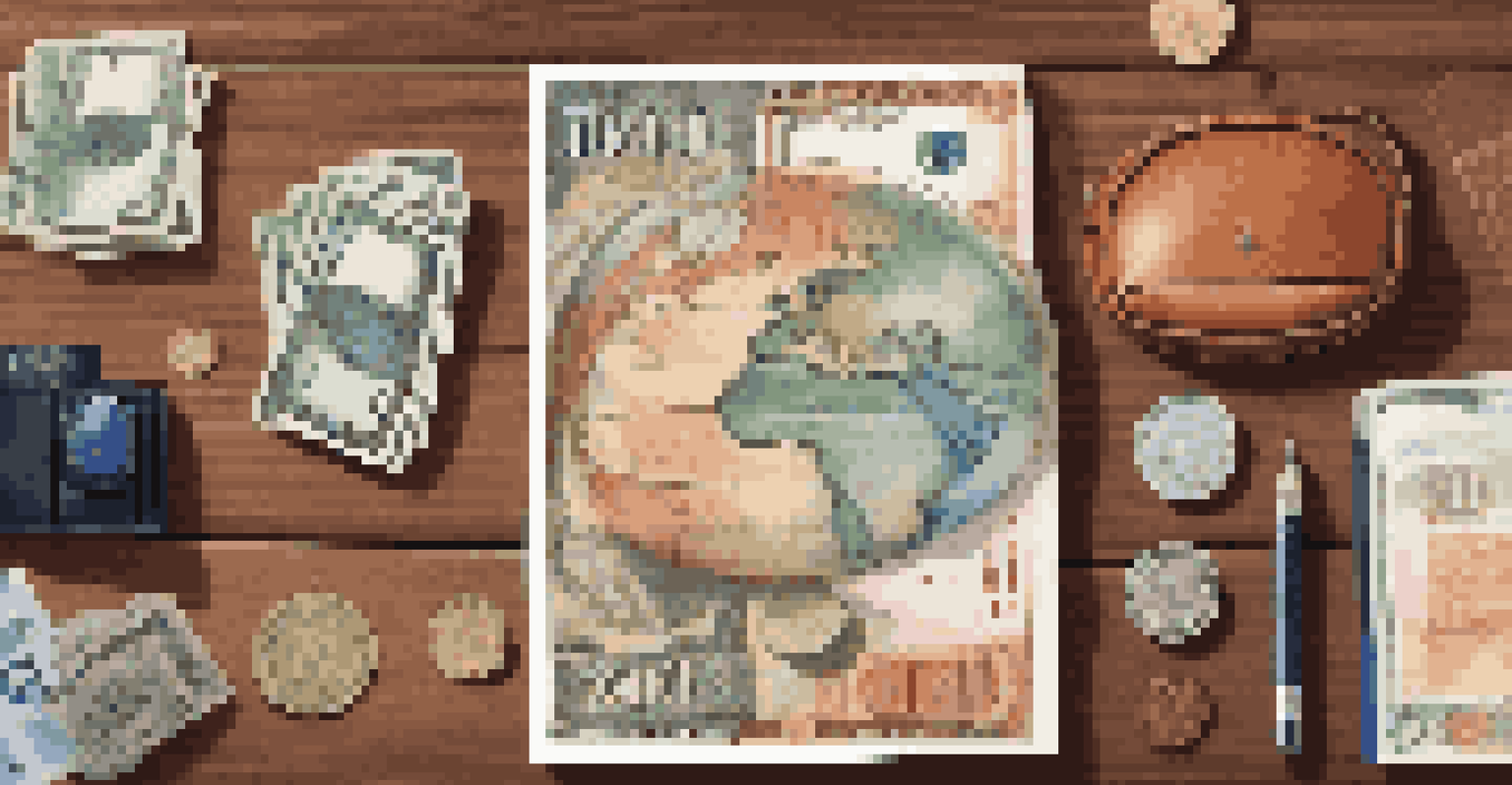 Flat lay of world currencies on a wooden table with a passport, globe, and smartphone, highlighted by natural light.