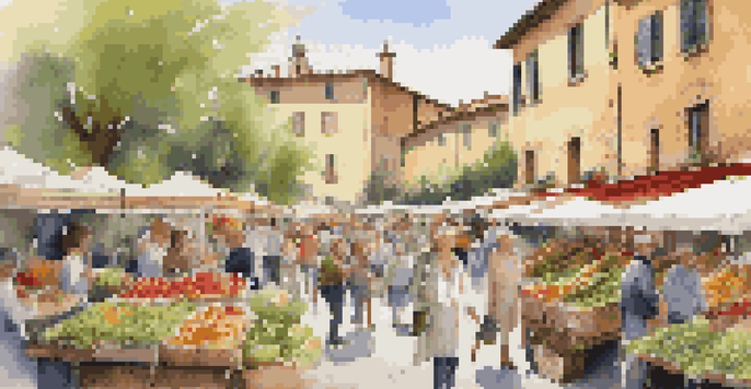 A lively farmers' market in Tuscany featuring fresh asparagus and artichokes surrounded by blooming flowers and people enjoying the day.