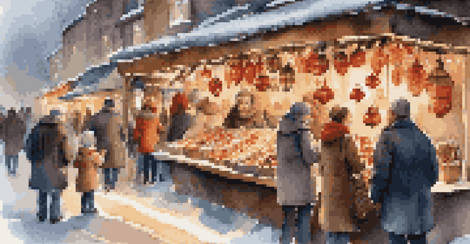 A family exploring a holiday market, with children pointing at ornaments and warm lighting.