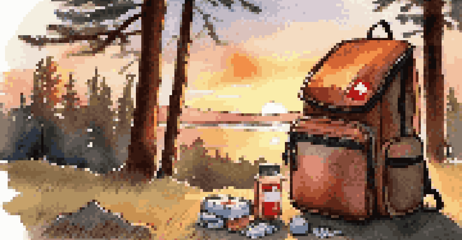 A travel first aid kit visible inside a stylish backpack next to a campfire during sunset.