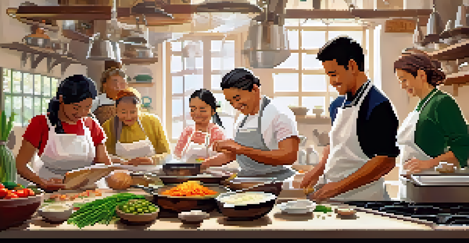 A local chef teaching a cooking class with fresh ingredients, participants engaged, and a warm kitchen atmosphere.
