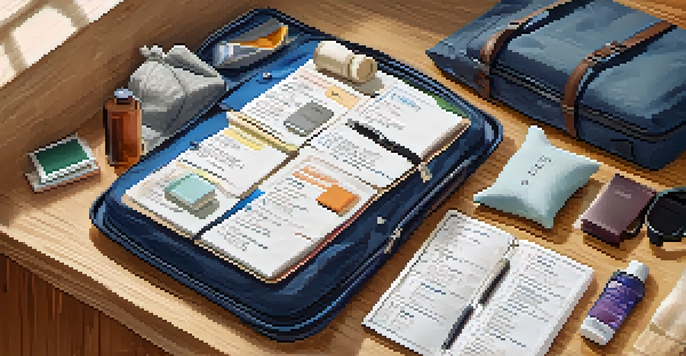 An organized travel packing list on a wooden table, surrounded by travel essentials including a suitcase, passport, and toiletries.