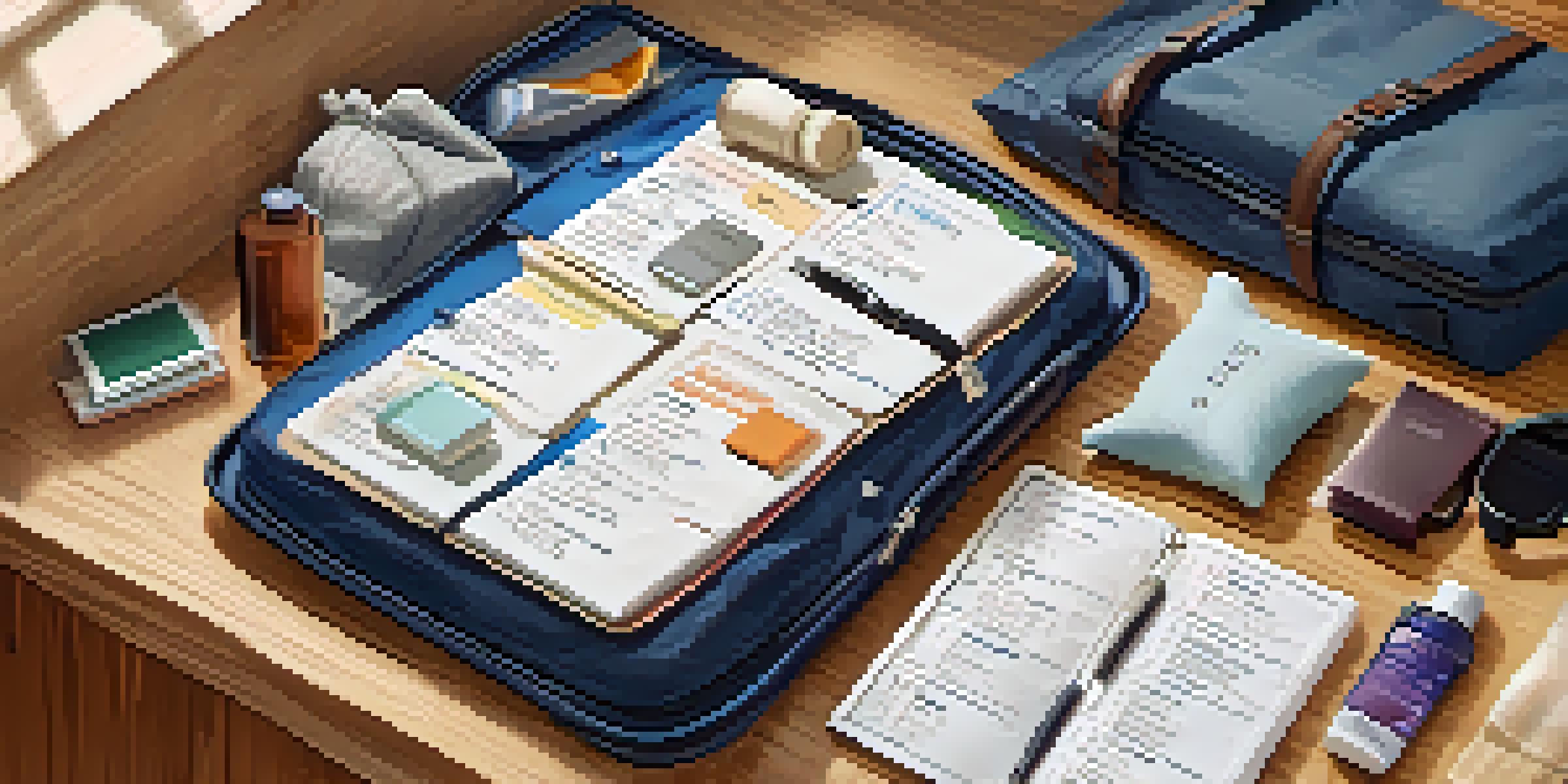 An organized travel packing list on a wooden table, surrounded by travel essentials including a suitcase, passport, and toiletries.