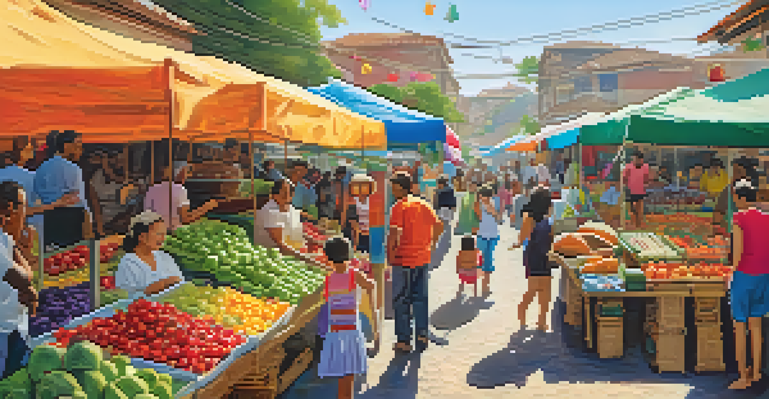 A family exploring a lively local market filled with colorful fruits and handmade crafts.