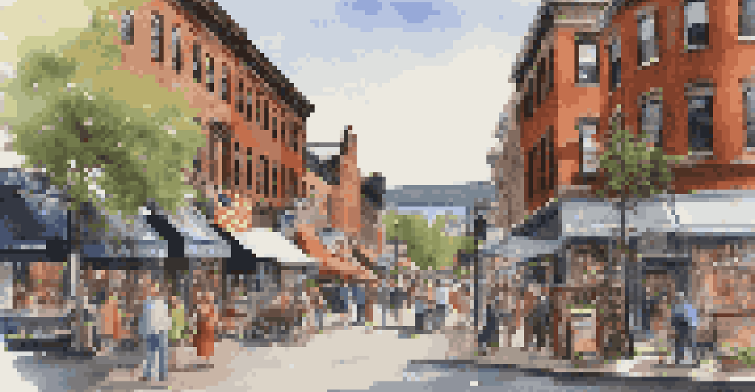 A picturesque view of Hudson, New York, showing historic buildings, art galleries, and local artists showcasing their work by the river.