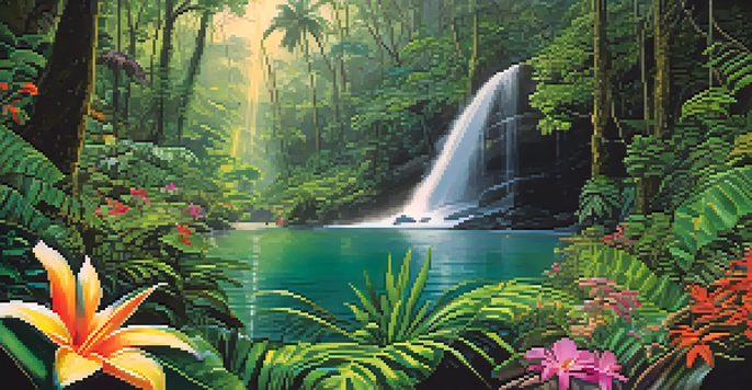A vibrant rain forest in Costa Rica with a waterfall and colorful wildlife.