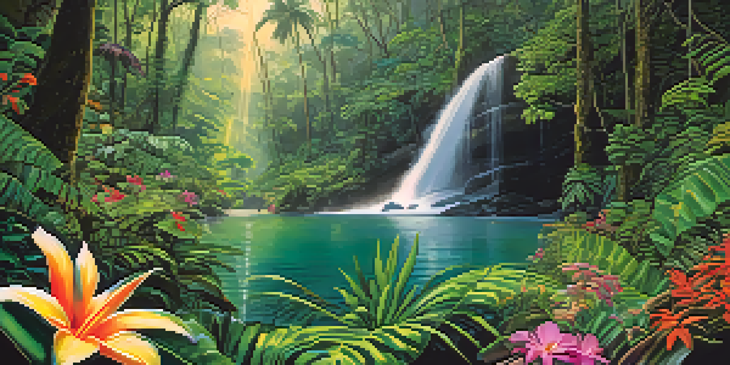 A vibrant rain forest in Costa Rica with a waterfall and colorful wildlife.