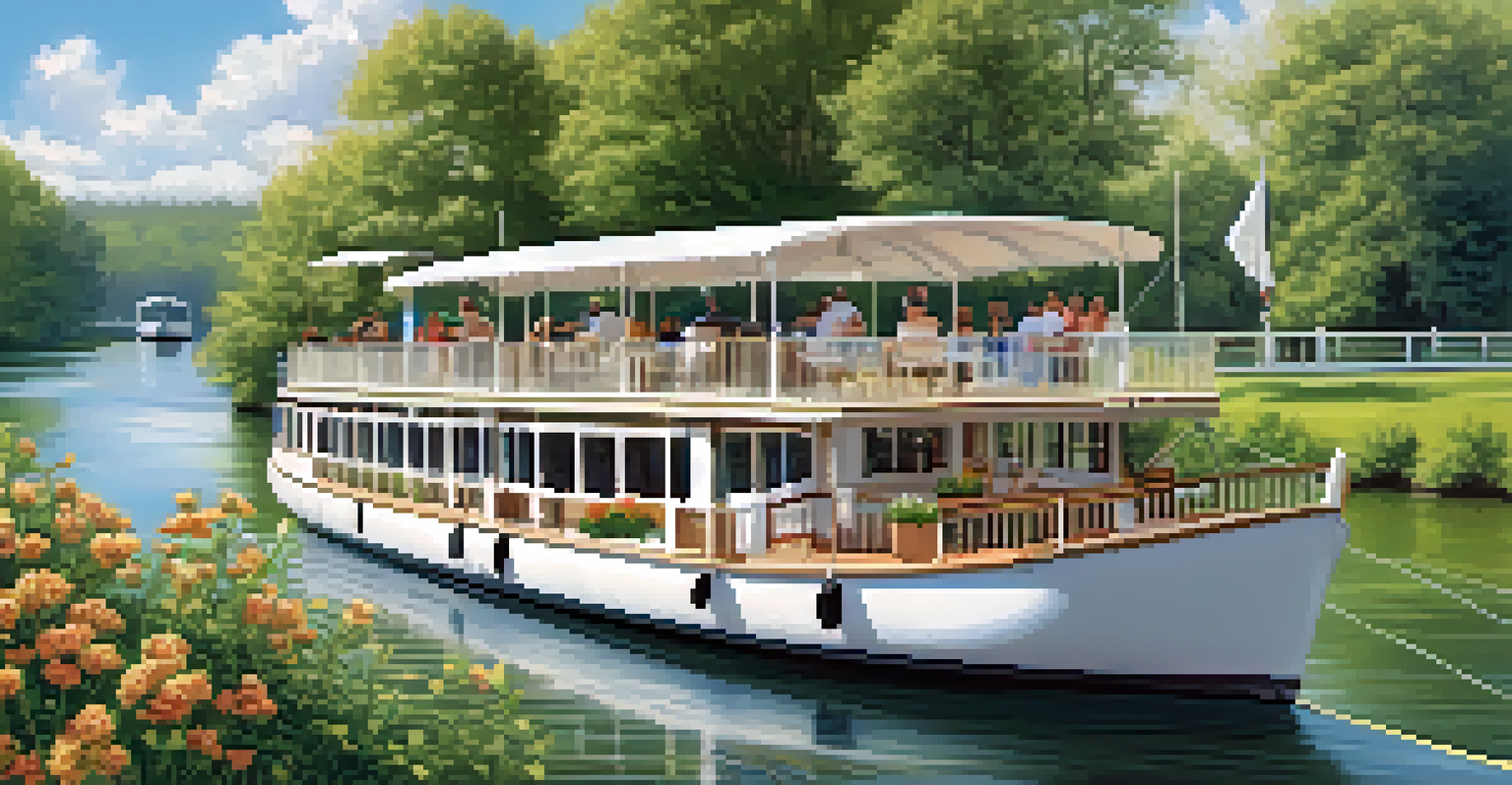 A luxurious river cruise with seniors relaxing on the deck, surrounded by scenic views and a blue sky.