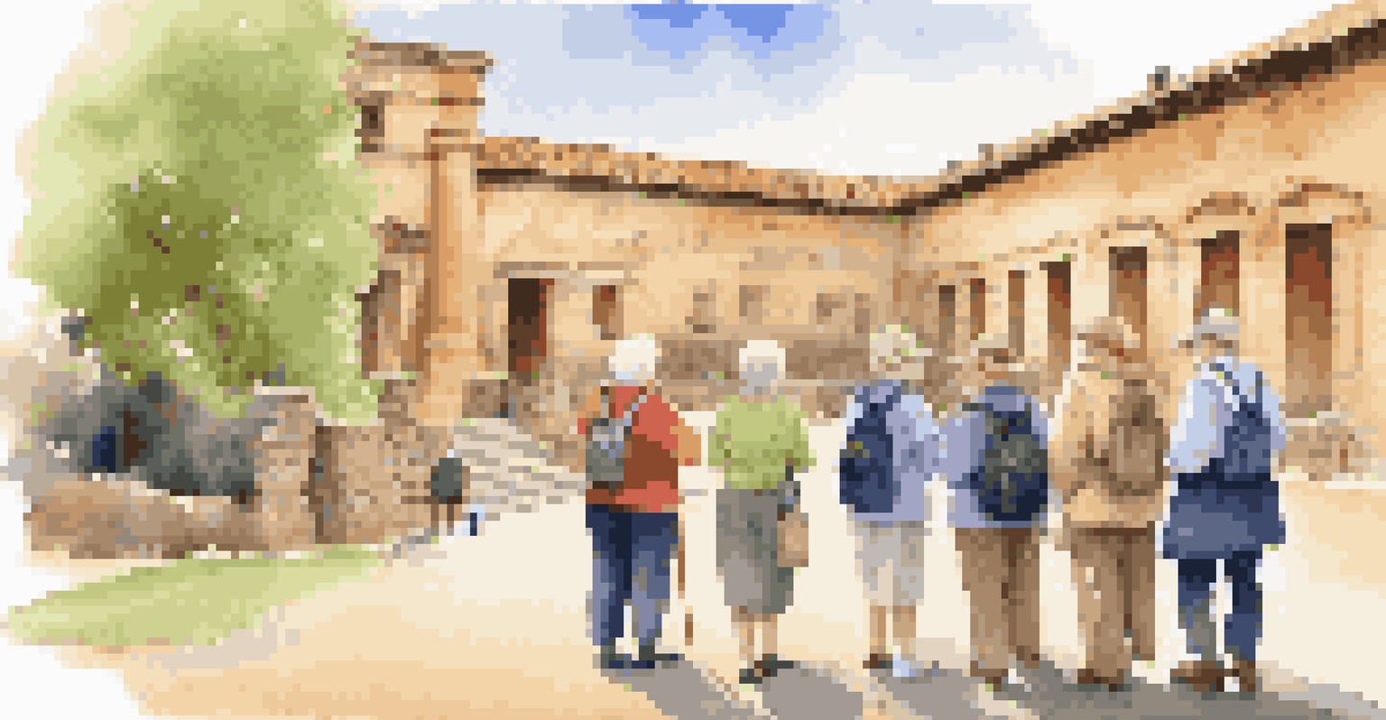 A group of seniors on a guided tour at a historical site, interacting with a tour guide and taking photos.
