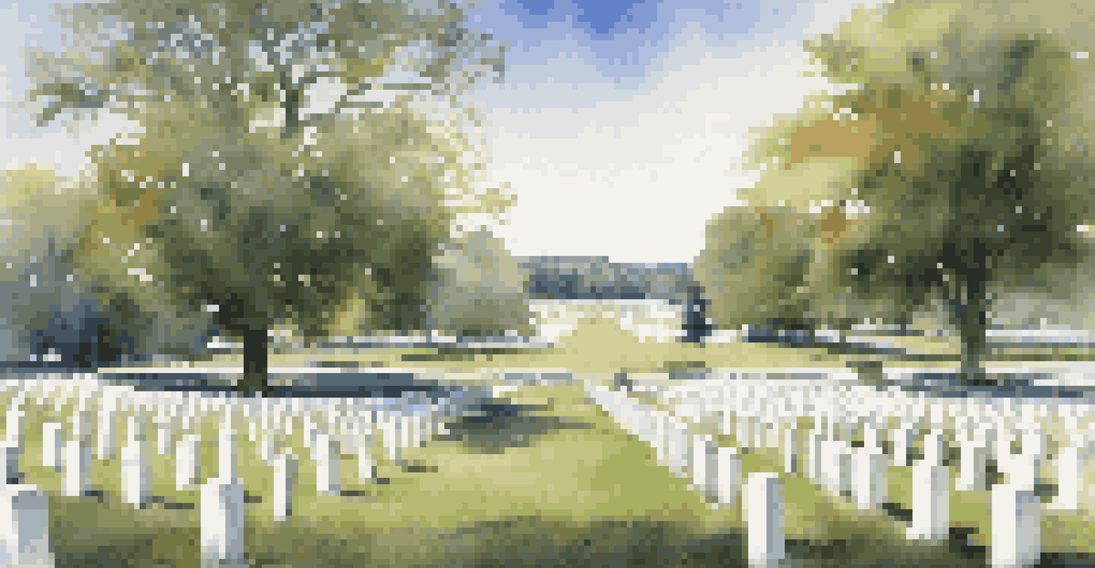 A visitor reflecting among the white gravestones of Gettysburg National Cemetery under a blue sky.