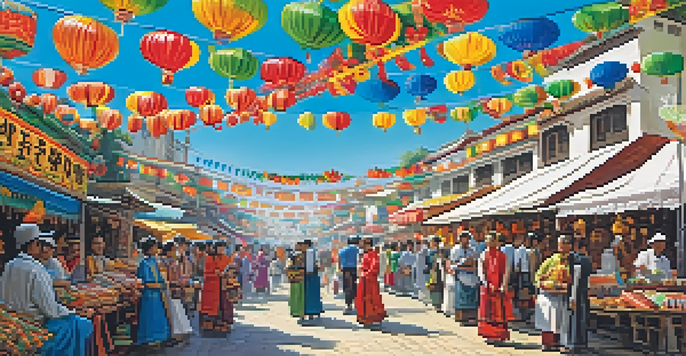 A lively street festival with colorful decorations, traditional costumes, and people enjoying local foods and crafts.
