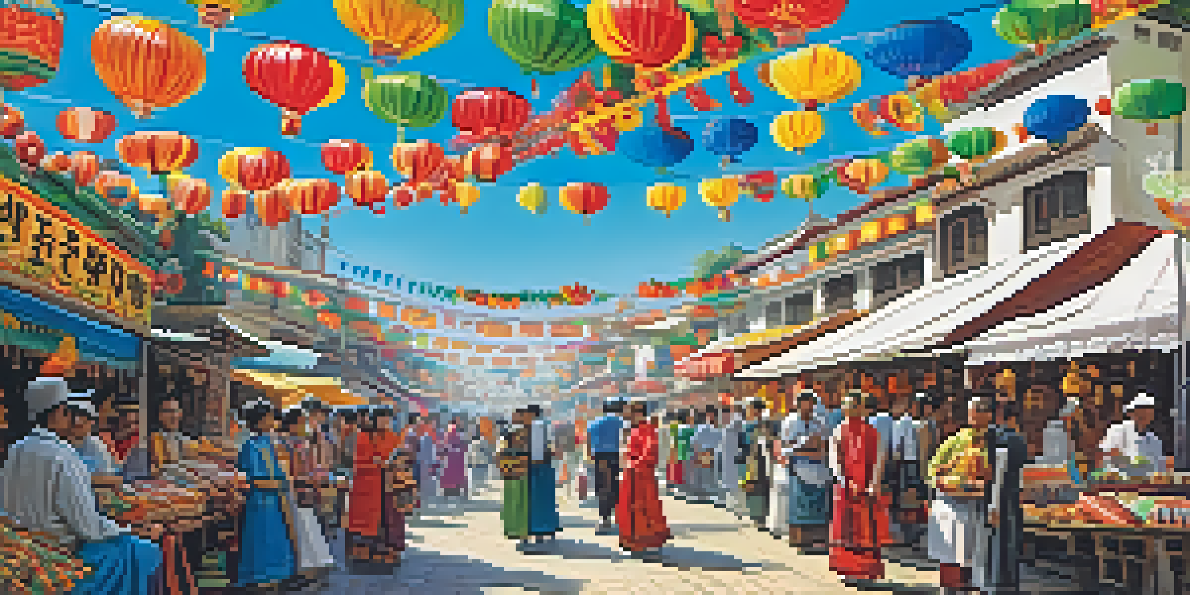 A lively street festival with colorful decorations, traditional costumes, and people enjoying local foods and crafts.
