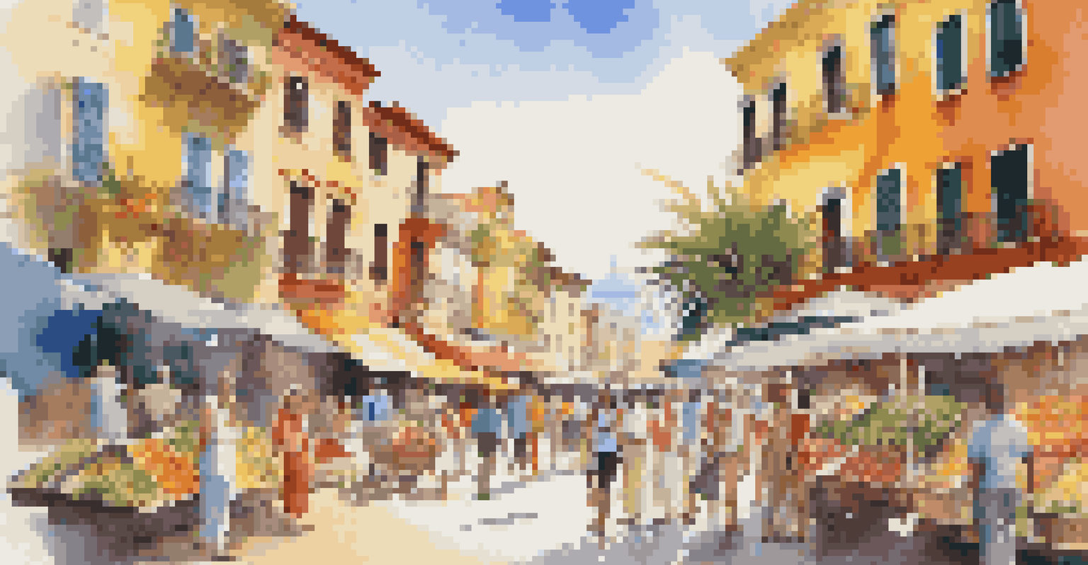 Travelers exploring a vibrant port city with colorful buildings, local markets, and street vendors during a cruise excursion.