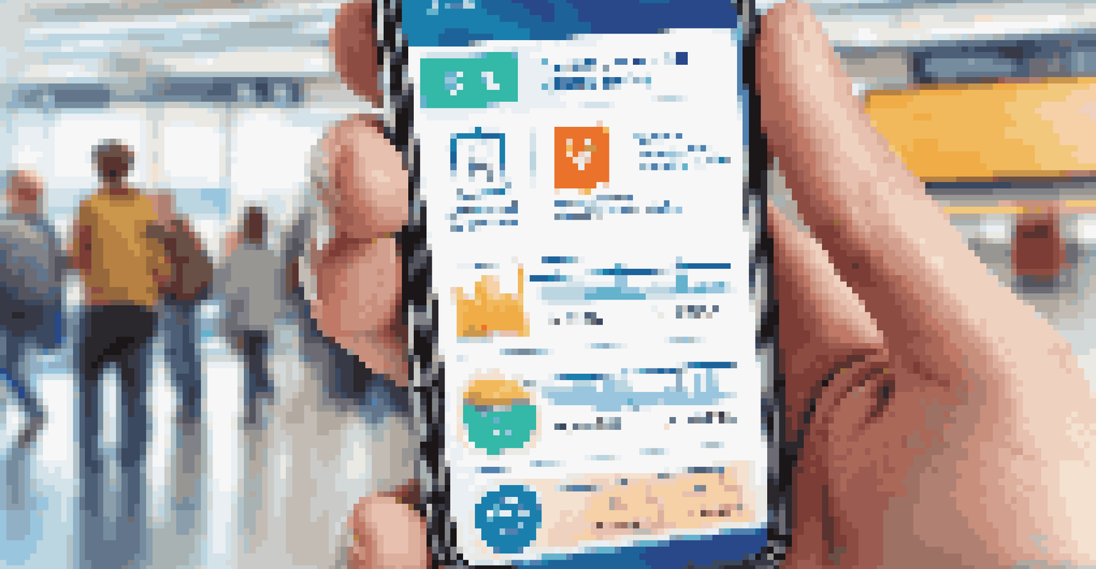 A close-up of a traveler holding a smartphone with a travel insurance app interface in an airport terminal.