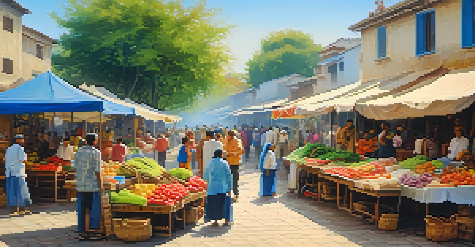 A lively market with colorful stalls and local vendors, where tourists interact with the community under a bright blue sky.