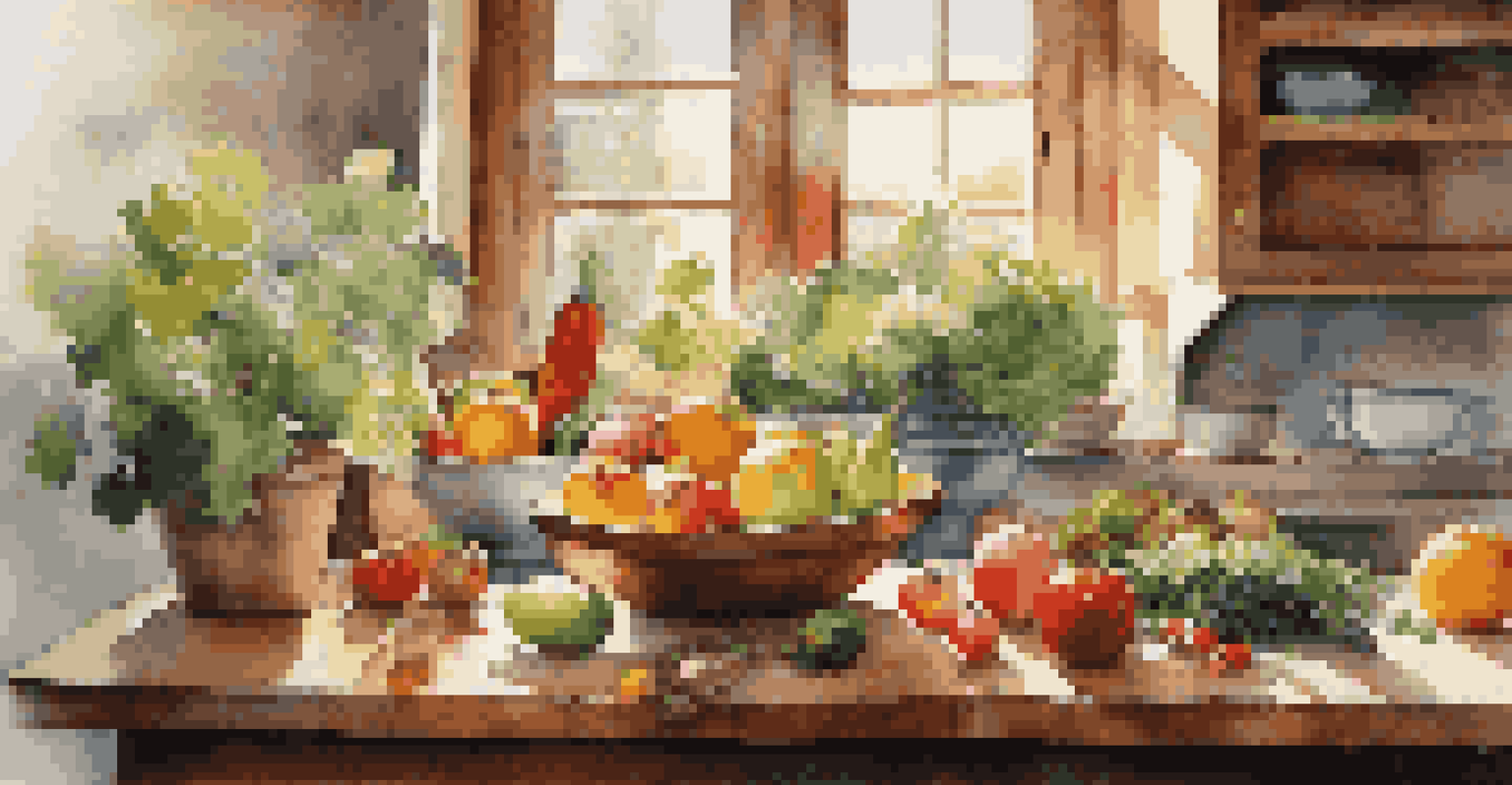 A bright kitchen filled with fresh fruits and vegetables on a wooden countertop, with sunlight streaming through the window.