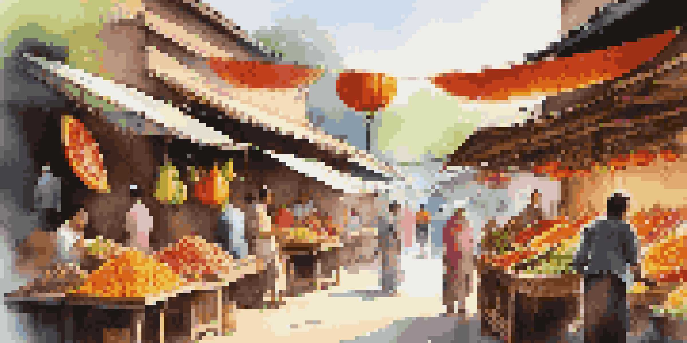 A lively street market with colorful stalls, exotic fruits, and locals interacting with tourists under warm sunlight.