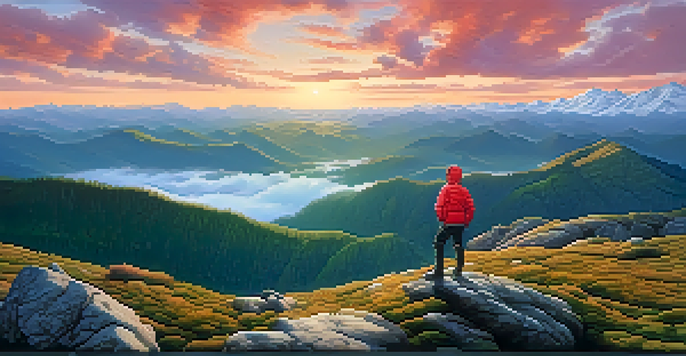 A climber in a red jacket stands at a mountain summit during sunrise, with arms raised in victory, overlooking a colorful landscape of hills and peaks.