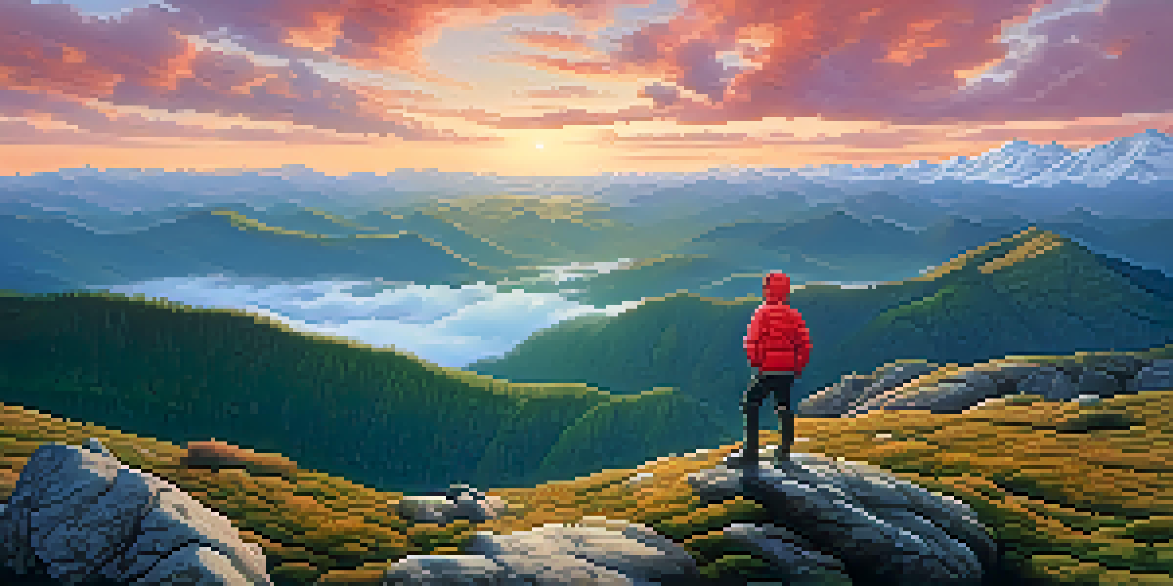 A climber in a red jacket stands at a mountain summit during sunrise, with arms raised in victory, overlooking a colorful landscape of hills and peaks.